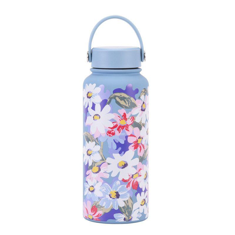 2025 New Model 1L Large Capacity Thermos Cup with Wide Mouth, Portable Handle, Sports Water Bottle, Outdoor Printed Water Cup for Women