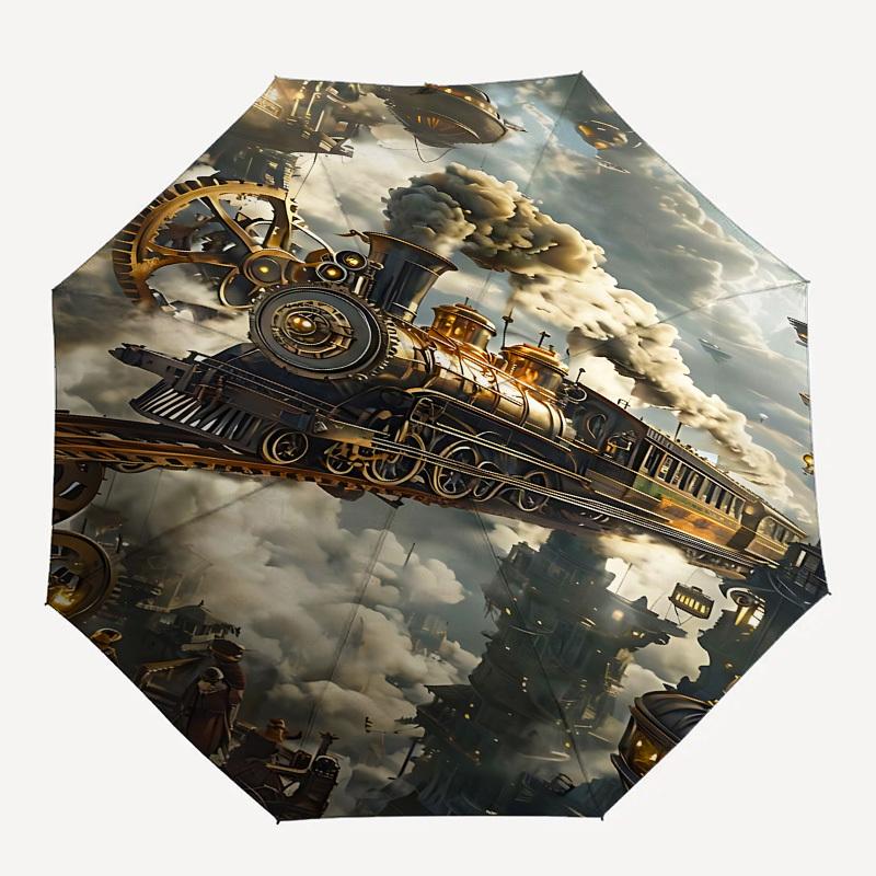 Steampunk, Skytrain Themed Automatic Opening and Closing Umbrella, Brightly Colored 8-rib Portable Umbrella, Suitable for Men and Women, A P