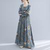 Cotton and Linen Breathable Dress In Spring and Summer Oversized Printed Round Neck Long Sleeve Large Swing Dress