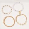4 Pcs Women Bracelet Set Adjustable Length Hollow Out Chain Faux Pearl Flower Polished Stainless Lightweight Bohemian Bangle Wrist Jewelry