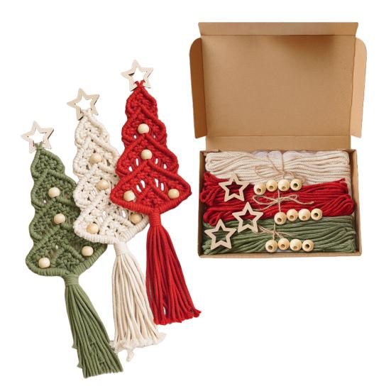 Yousheng Cotton Rope Christmas Hanging Ornament Bohemia Hand Woven Wall Hanging Decoration with Wood Beads for Christmas Home Door