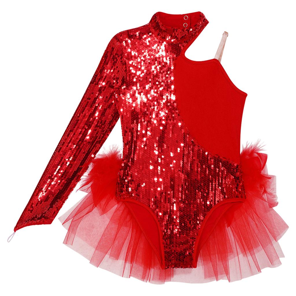 Детский купальник с тюлевой юбкой и блестками для девочек, комбинезон на одно плечо с длинными рукавами, танцевальное боди, танцевальная одежда