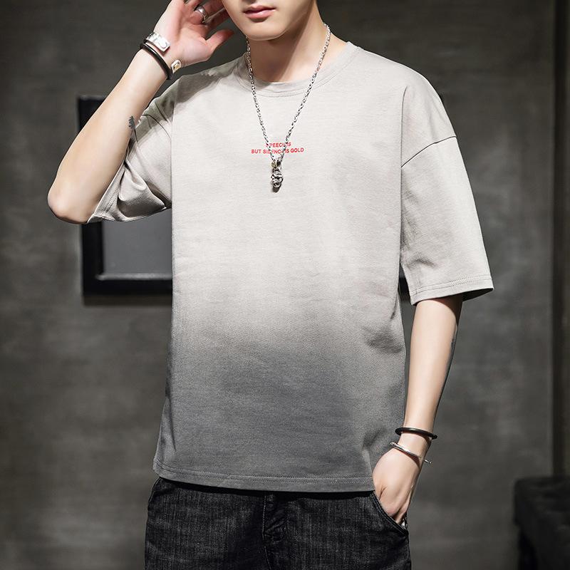 Мужская повседневная футболка с коротким рукавом Лето Новая Мужская Мода Бренд Градиент Свободная Базовая Футболка Чистый Хлопок Футболка с Половиной Рукава