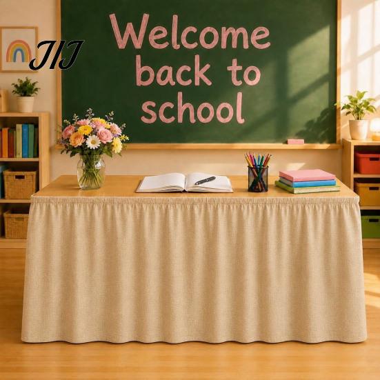 Pleated Table Skirting Pencil Pattern Skirt for Teacher Desk, Rectangle Tablecover with Hook Hospitality Loop Setup, Classroom Back to School Supplies