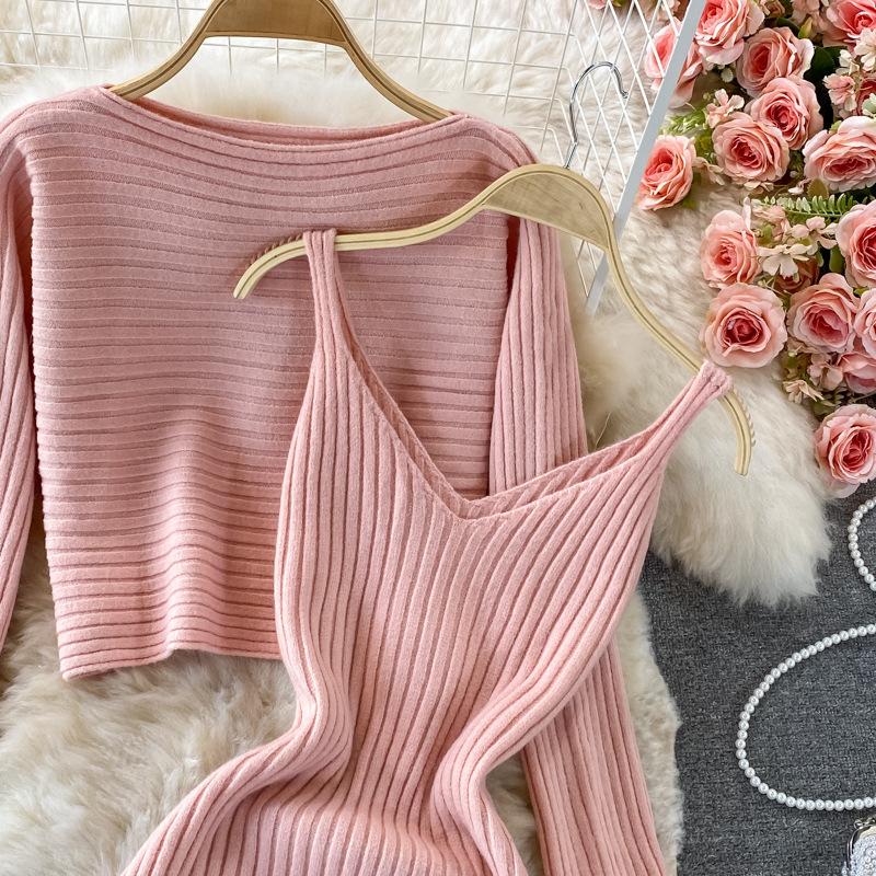 Осенний женский комплект платья-свитера, шикарный короткий вязаный свитер, топ с бретелькой на шее, платье с v-образным вырезом, темпераментное платье на бедрах, многослойный комплект из двух предметов