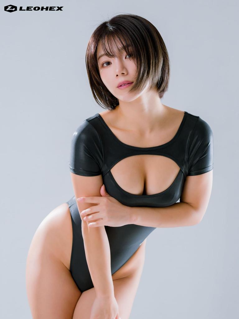 Luxe Competitive Swimsuit [LEOHEX] Ultra-glossy Open-chested Short-sleeved Slim-fitting High-leg (black, M)