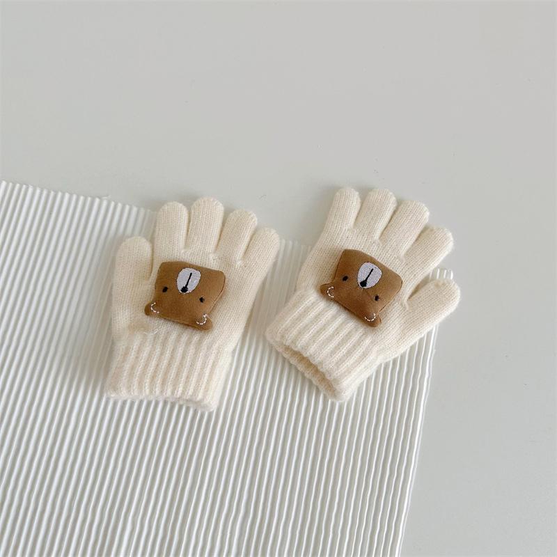 Cute Bear Baby Winter Gloves Solid Color Knitted Full Finger Gloves Kids Boys Girls Outdoor Warm Mittens