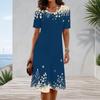 Women Plus Size Round Neck Short Sleeve Snowflake Printed Navy Blue A Line Midi Dress
