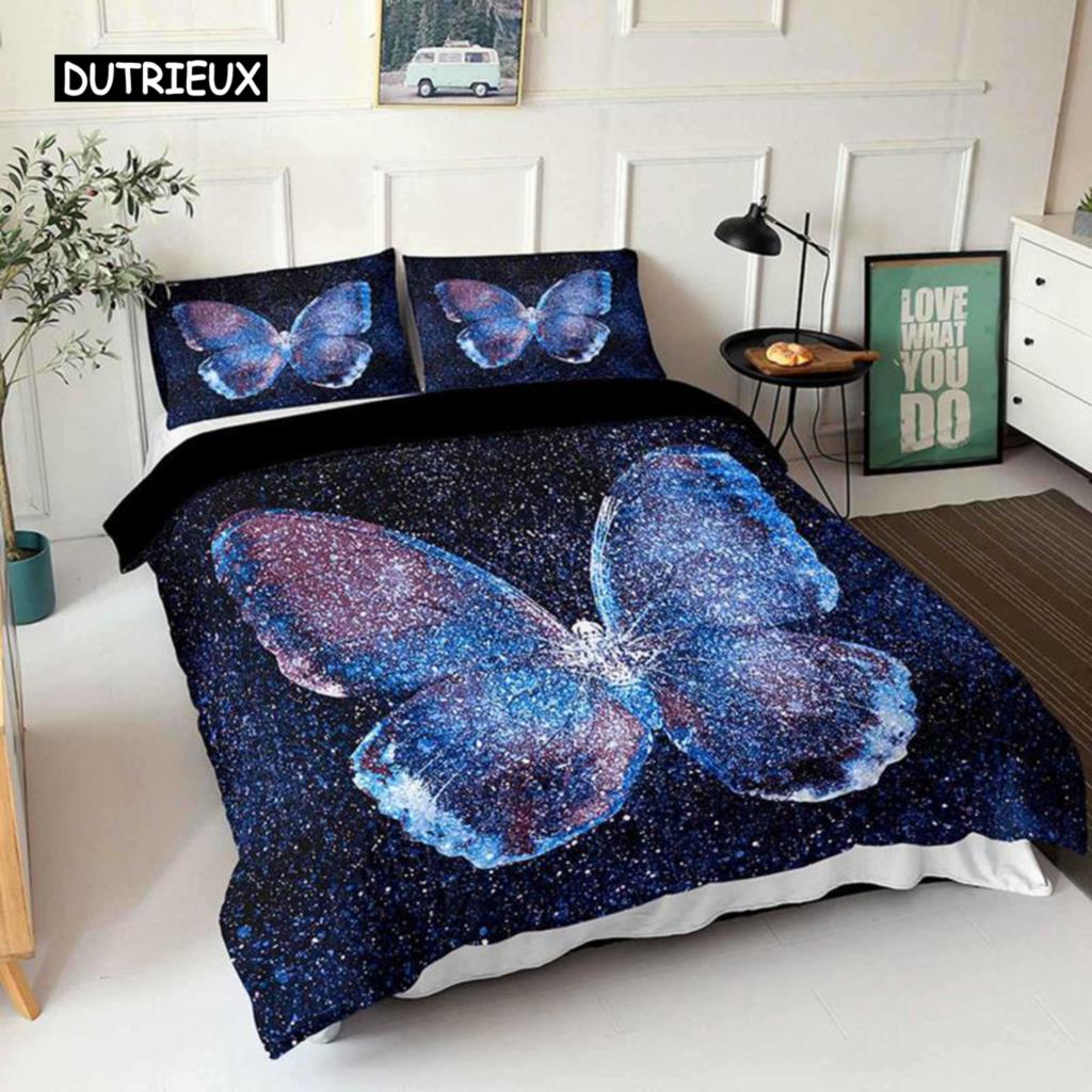 Комплект пододеяльников с бабочками размера Queen, сине-белое одеяло с принтом бабочек для девочек, детей и подростков, микрофибровое одеяло