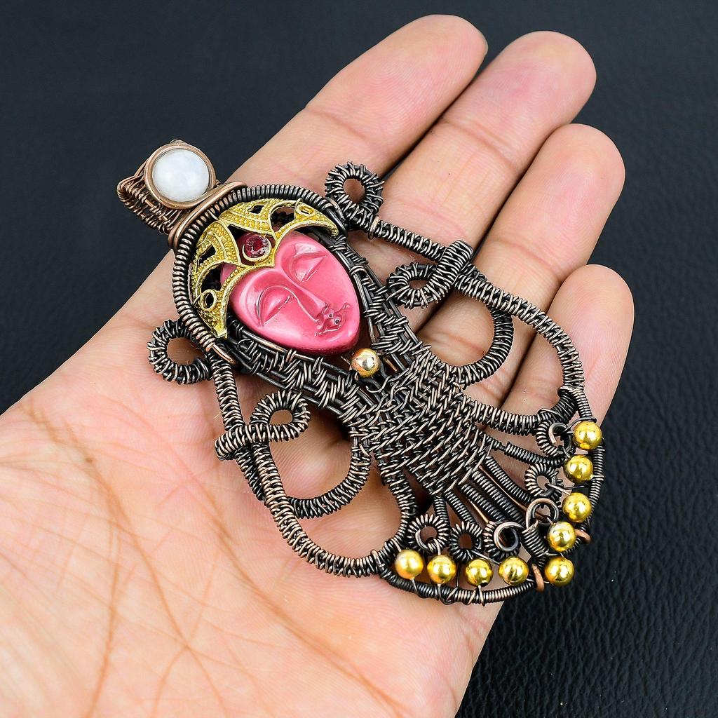 Carved Pink Face & Moonstone Jewelry, 999 Copper Wire Wrapped Pendant Handmade Gemstone Jewelry, Gifts For Wife Brand New Pendant