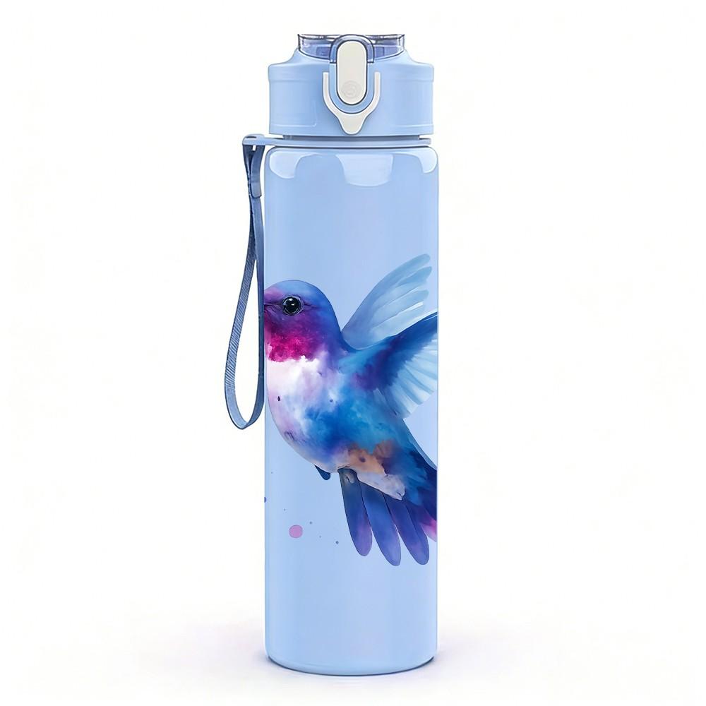1PC Vibrant Hummingbird Illustration 750ml Color Plastic Sports Water Bottle Leakproof Flip Straw Lid Suitable for Sports Office Home Use