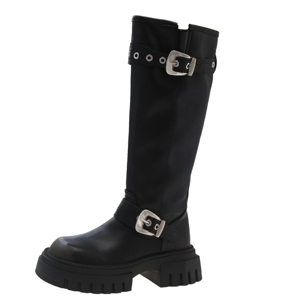 Модная обувь для женщин 2024 Бренд Пряжка-ремень Женские сапоги Модная металлическая отделка Современные сапоги Женские Новые Круглый носок Платформа До середины икры