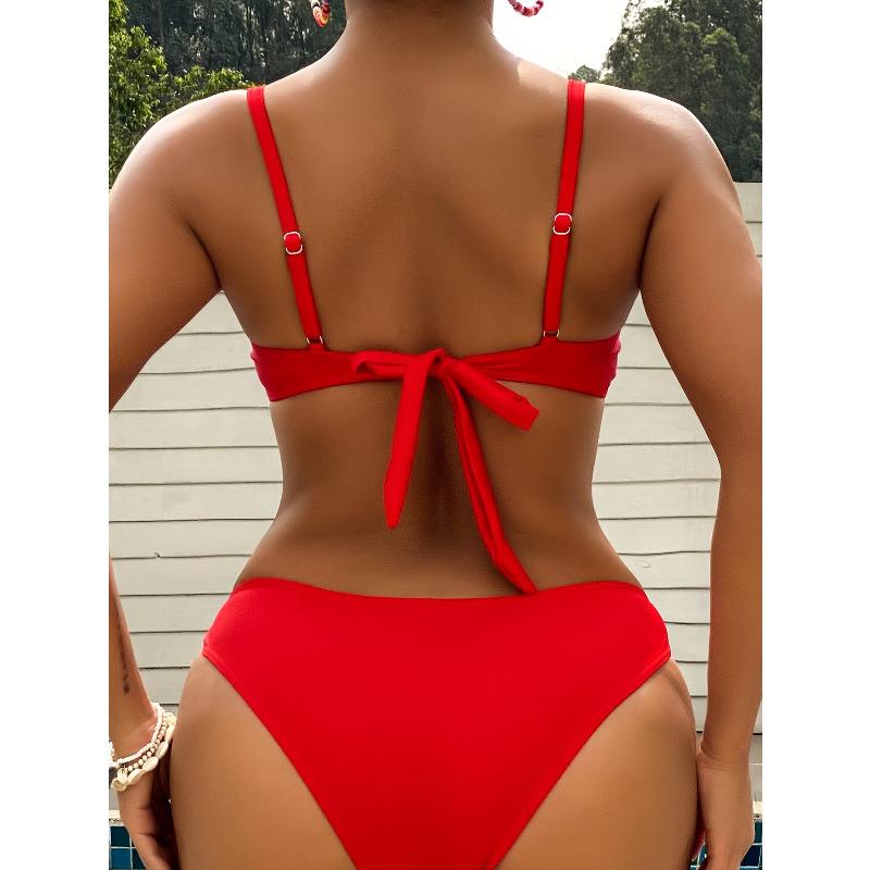 Women's Solid Backless Tie Side Bikini Swimsuit Set, Sexy V Neck Two Piece Swimwear KTY