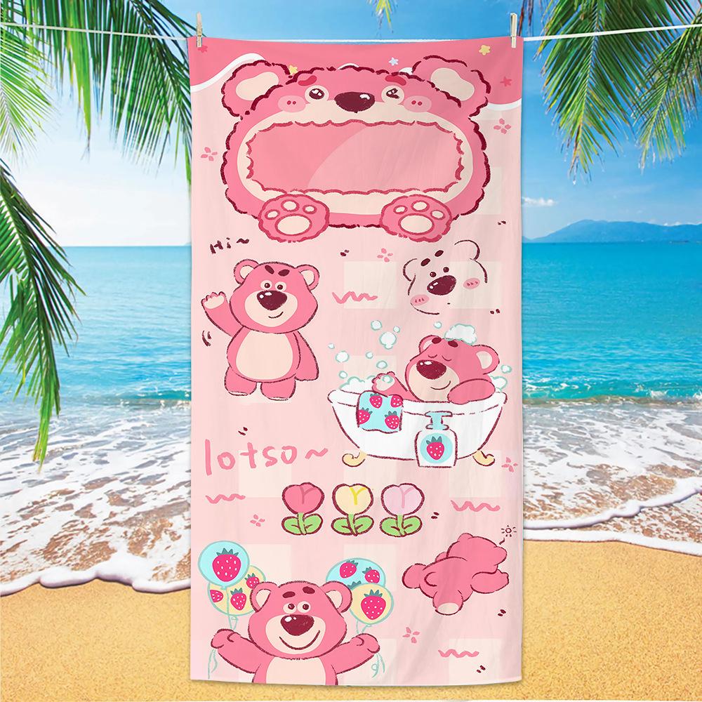 Cute Strawberry Bear Beach Towel Microfiber Printed Children'S Trumpet Cartoon Bear Beach Towel