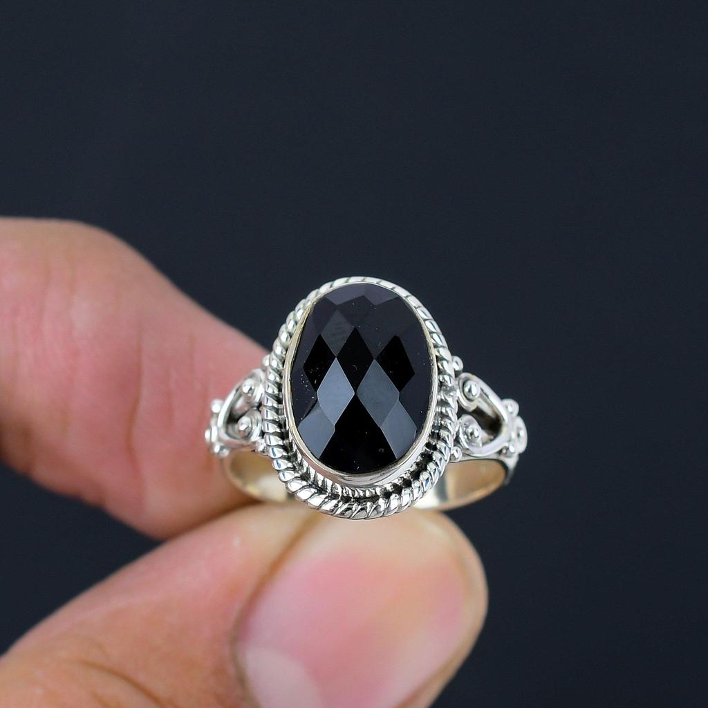 Натуральный черный оникс, драгоценный камень, стерлинговое серебро 925 пробы, граненое кольцо ручной работы, ювелирные изделия для женщин и девочек