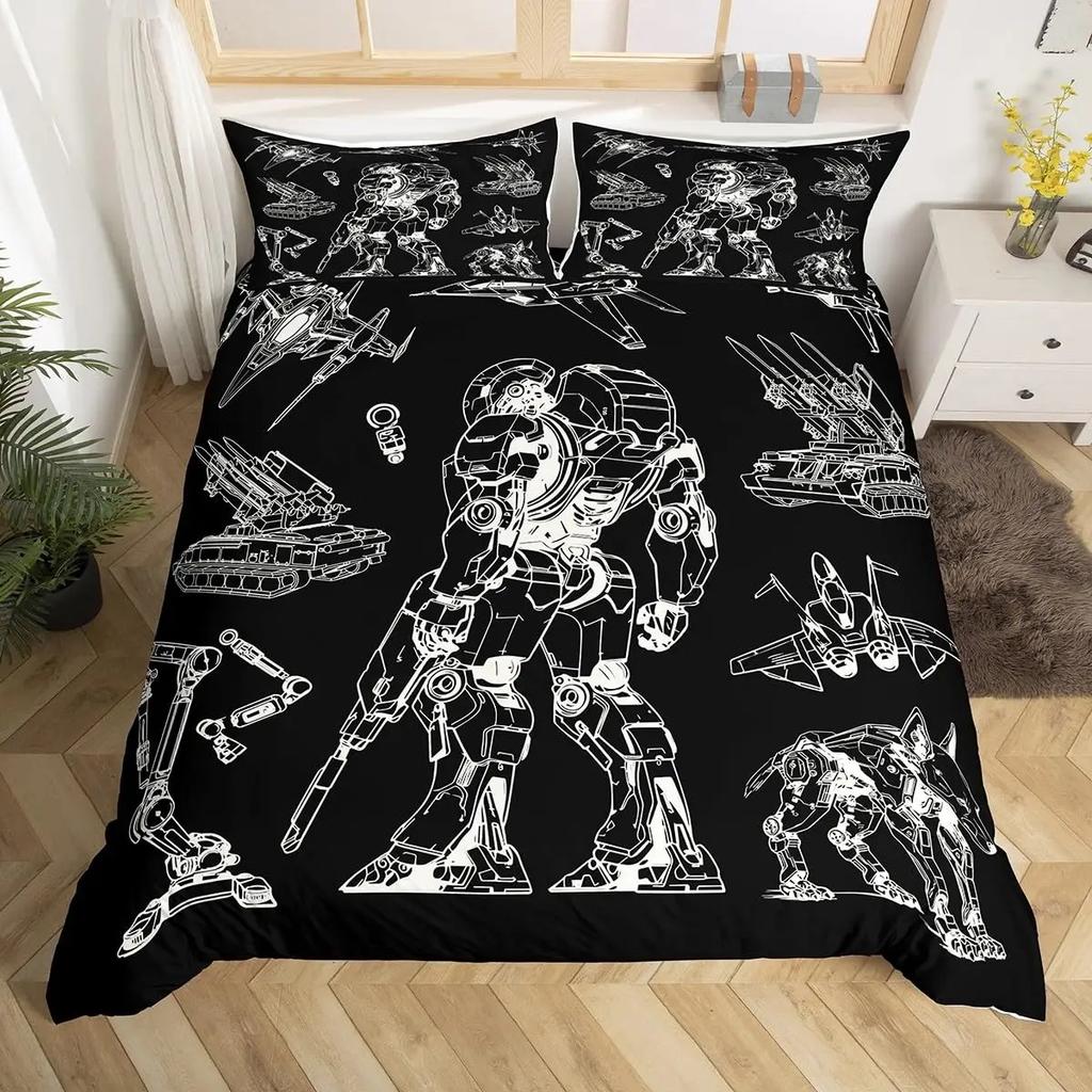 Boys Cartoon Robot Rocket Duvet Cover King Queen Size,Kids Spaceship Bedding Set 3Pcs Starry Galaxy Universe Planet Quilt Cover