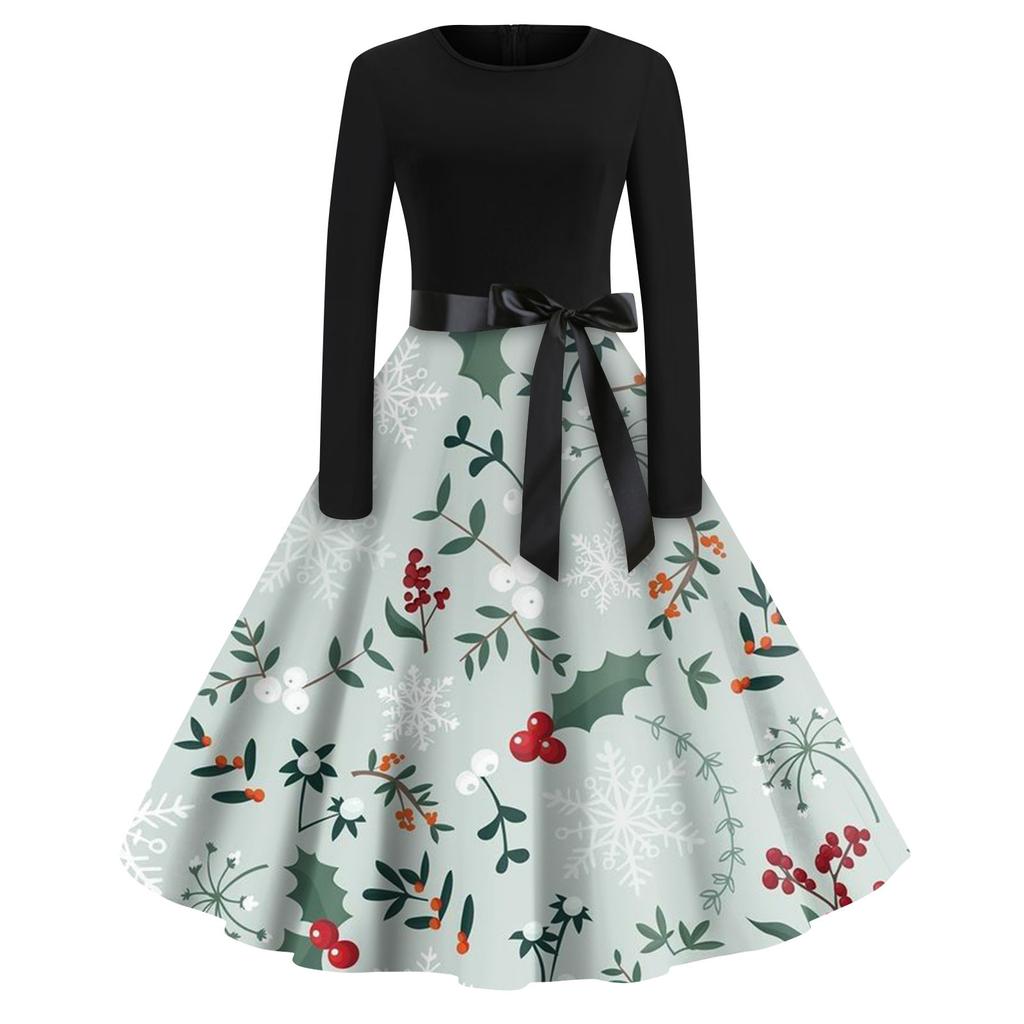 Женская мода с круглым вырезом, повседневные тонкие рождественские платья с длинным рукавом и принтом