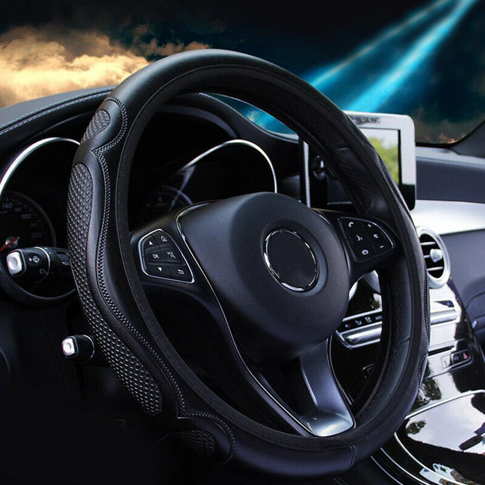 1Pc Universal Black Car Steering Wheel Cover Quality Leather Breathable Anti-slip 15''/37-38cm Car Interior Accessories