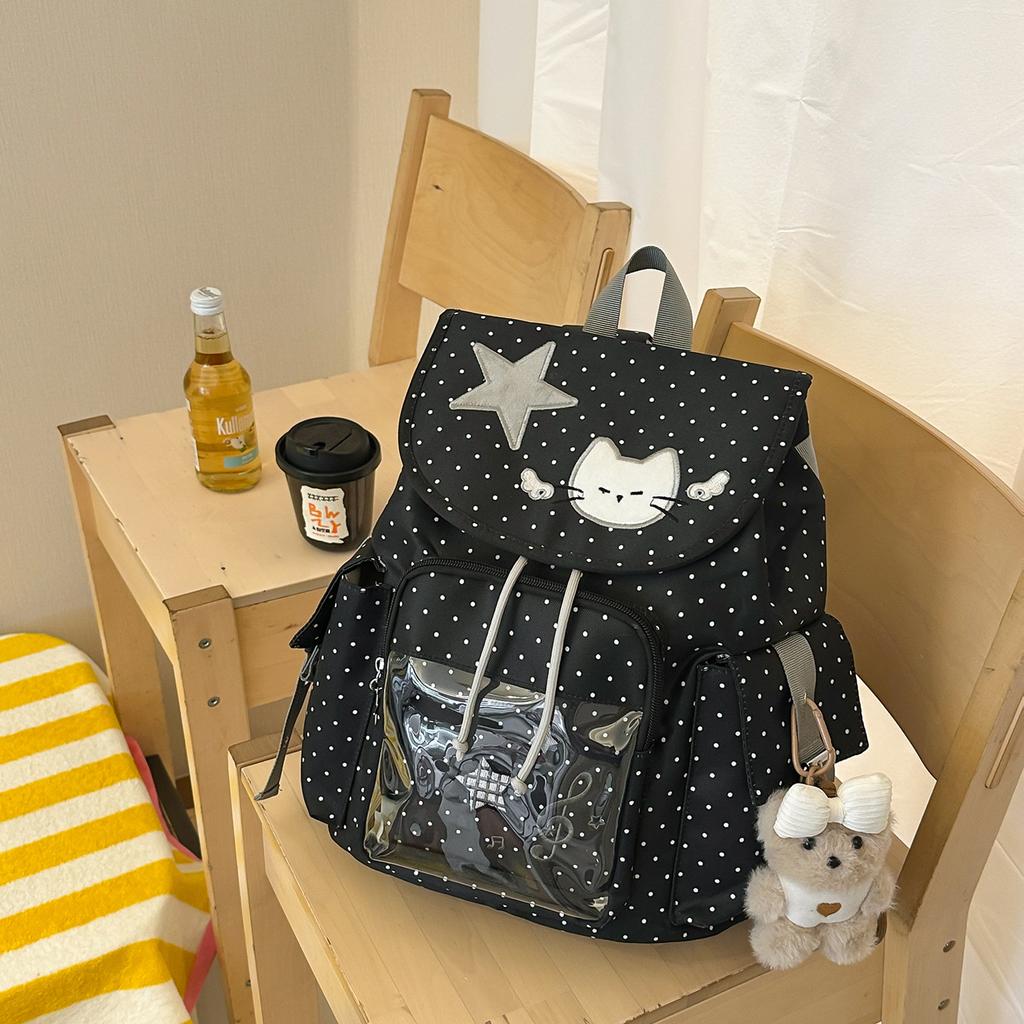 Школьный рюкзак корейский милый повседневный в горошек вышивка кота на шнурке школьный рюкзак японская девочка мягкая девочка студенческий рюкзак легкий и универсальный