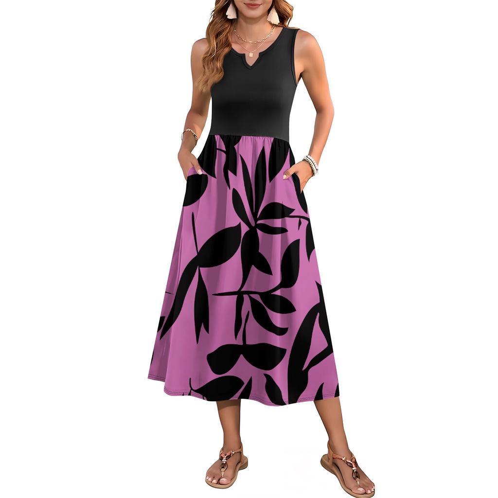 Женское платье без рукавов с цветочным принтом и высокой талией, модное и элегантное