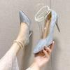 Silver High Heels Women's 2024 Spring and Autumn New Light Mouth Stiletto Beautiful Pearl Chain Word with Wedding Shoes Single Shoes Women