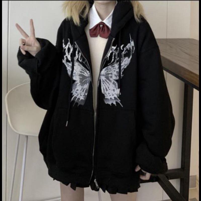 European-Style Women's Hooded Zipper Cardigan Sweatshirt with Letter and Butterfly Print, Plus Velvet