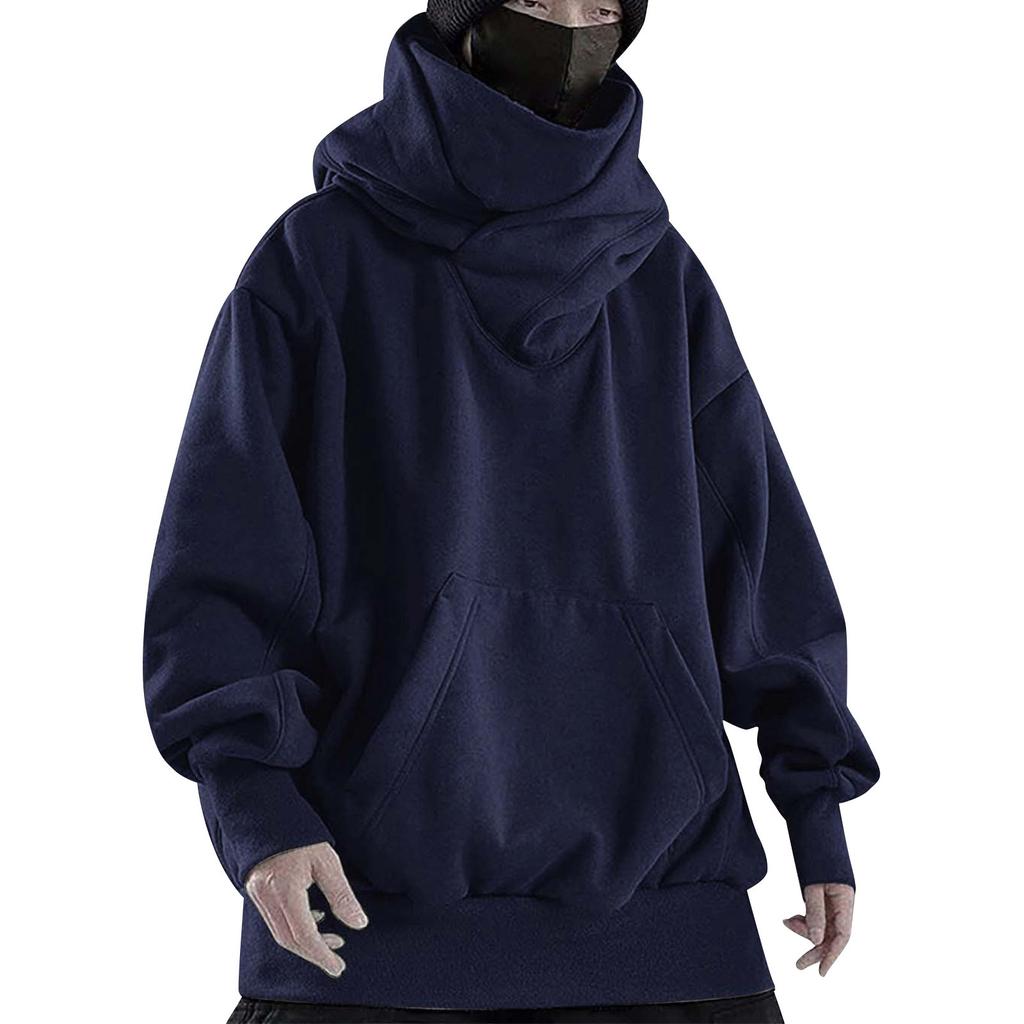 Мужская однотонная винтажная свободная толстовка-пуловер с капюшоном и высоким воротом в стиле хип-хоп