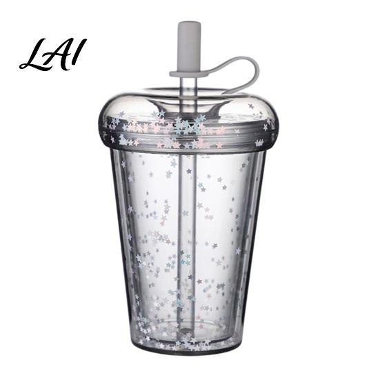 Sealed Lid Tumbler for Women Transparent Straw Cup with Sequins Decor And Leak Proof Large Capacity Iced Coffee Mug Lid Reusable Plastic Sippy