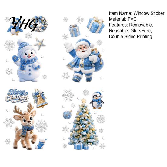 Blue Gold Christmas Decor 4Pcs Static Window Clings, Santa Snowman Reindeer Penguin Cute Cartoon Stickers Stickers, Reusable Double Sided Xmas Holiday