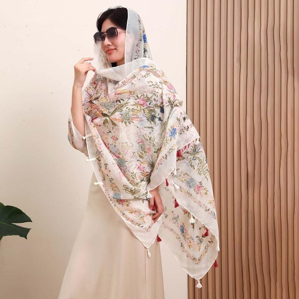 Breathable Thin Large Shawl Frog Button Sunscreen Headscarf Sweet Women Floral Scarf Vacation