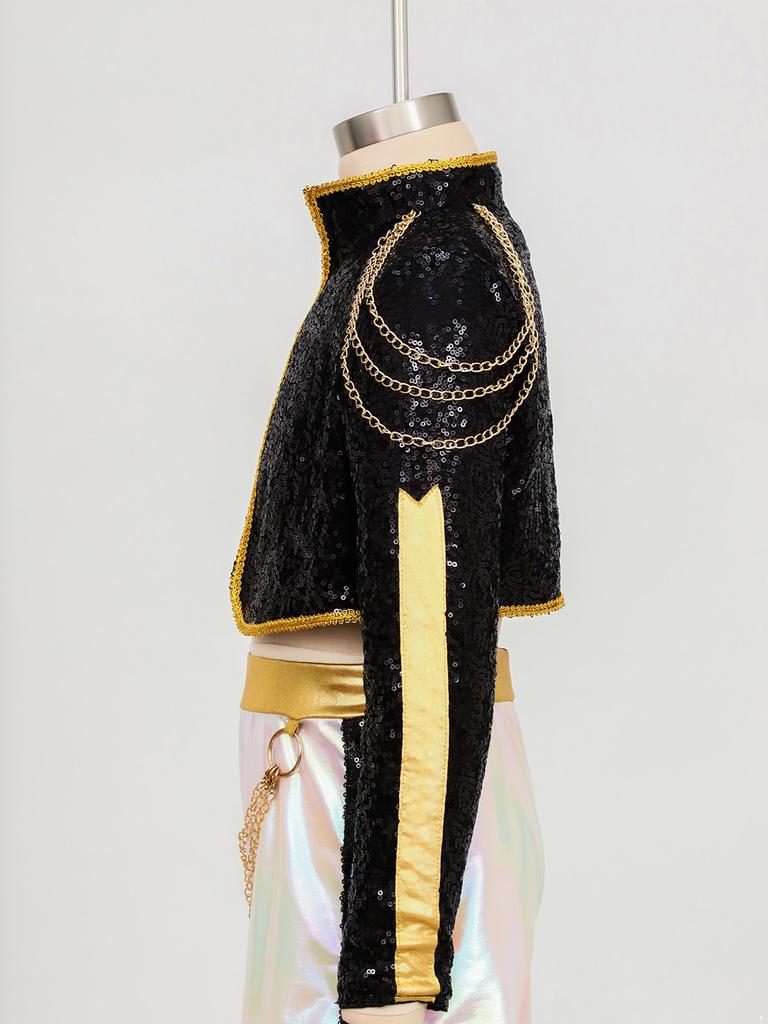 Shiny Sequins Stage Jacket for Girls, Long Sleeve Singer Cosplay Costume with Braided Trimming & Chains for a Complete Look