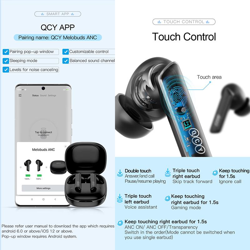 QCY HT05 ANC Беспроводные наушники 40 дБ с шумоподавлением Bluetooth 5.2 Наушники 6 микрофонов ENC HD Call TWS Наушники Режим прозрачности
