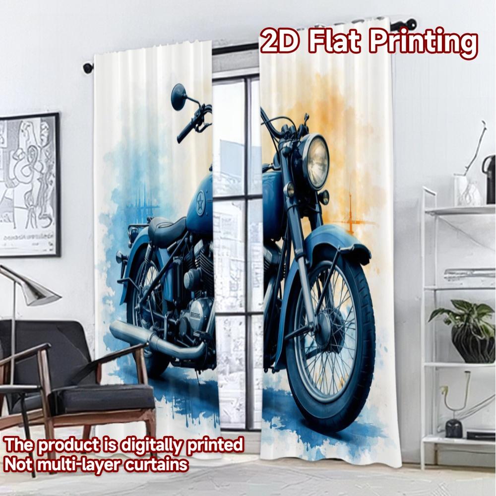 2D FLAT PRINTING 2pcs Curtains (Without Rod) Vintage Blue Motorcycle Light Filtering Chic Curtains Polyester Easy Install