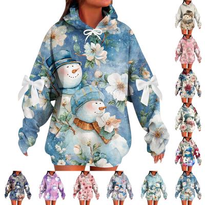 Женский рождественский с принтом банта, с длинными рукавами, свободного кроя, повязка на голову с веревкой, худи-топ с капюшоном