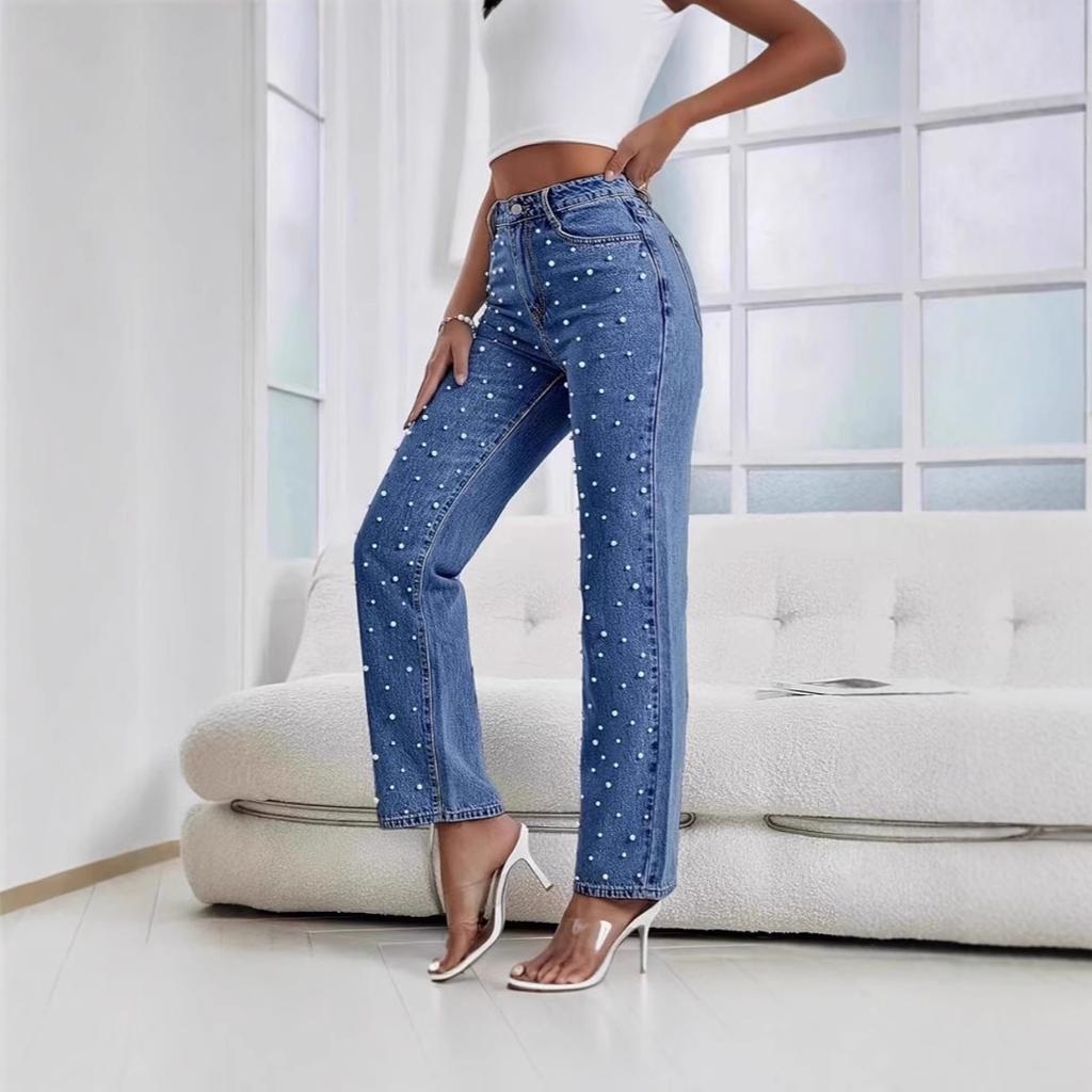 Women's Jeans Pants Beading High Waist Casual Straight Pants for Women Streetwear Elegant Splice Denim Female Trousers