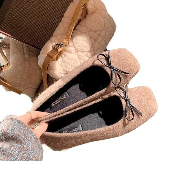 Autumn and Winter Bow Plush Warm Shallow Mouth Ballet Single Shoes Gentle Soft Waxy Plush Square Head Ballet Ladyshoes Women