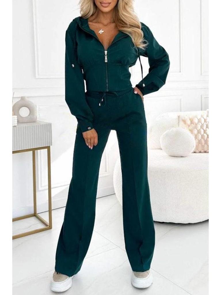2025 Autumn/Winter Solid Color Hooded Zip-Up Top & Wide-Leg Pants Two-Piece Set
