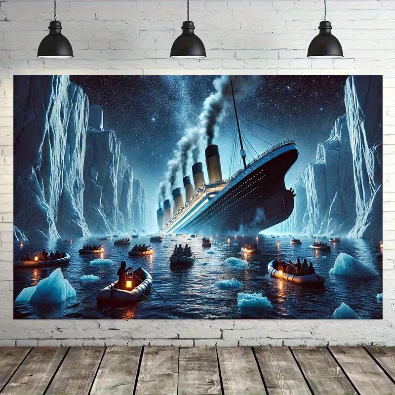 2D RMS Titanic Banner, Historical Ship Disaster Scene with Lifeboats