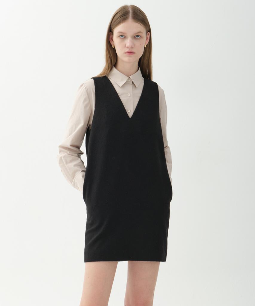 Jun By Jun K Wool Blend V-Neck Mini Dress_Black