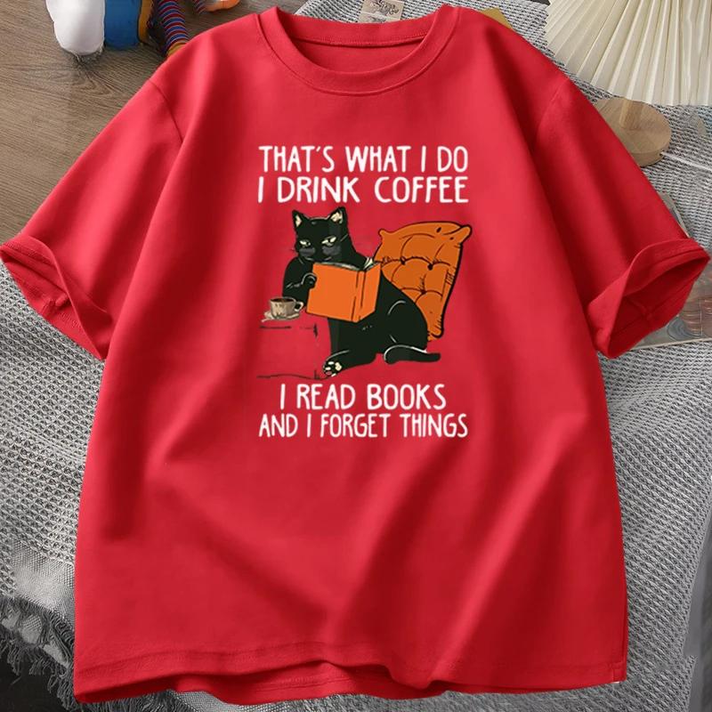 Футболка с милым котом для мужчин Футболки с принтом «Книги» и «Кофейный кот» Забавная дизайнерская хлопковая удобная мужская футболка Мужская одежда Футболки мужские