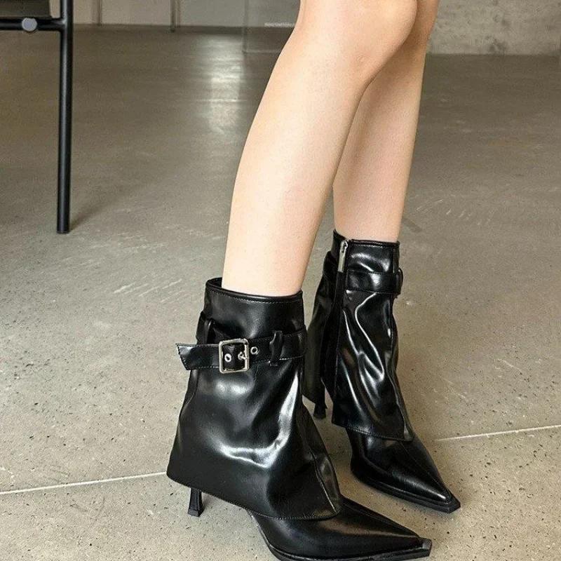 Женские ботильоны с острым каблуком 2024 года, мягкие кожаные ботильоны, новые корейские ботильоны на шпильках, женские модные гладиаторские готические ботинки челси