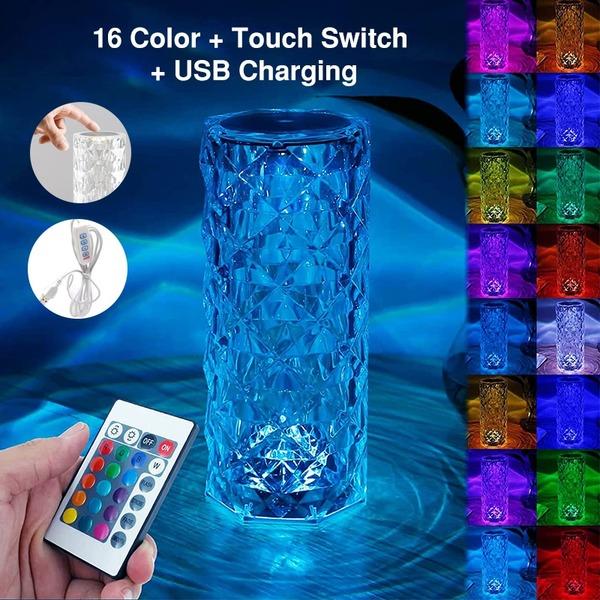 16 Colors LED Crystal Rose Table Lamp Projector Touch Adjustable Romantic Diamond Atmosphere Light USB Touch Night Light