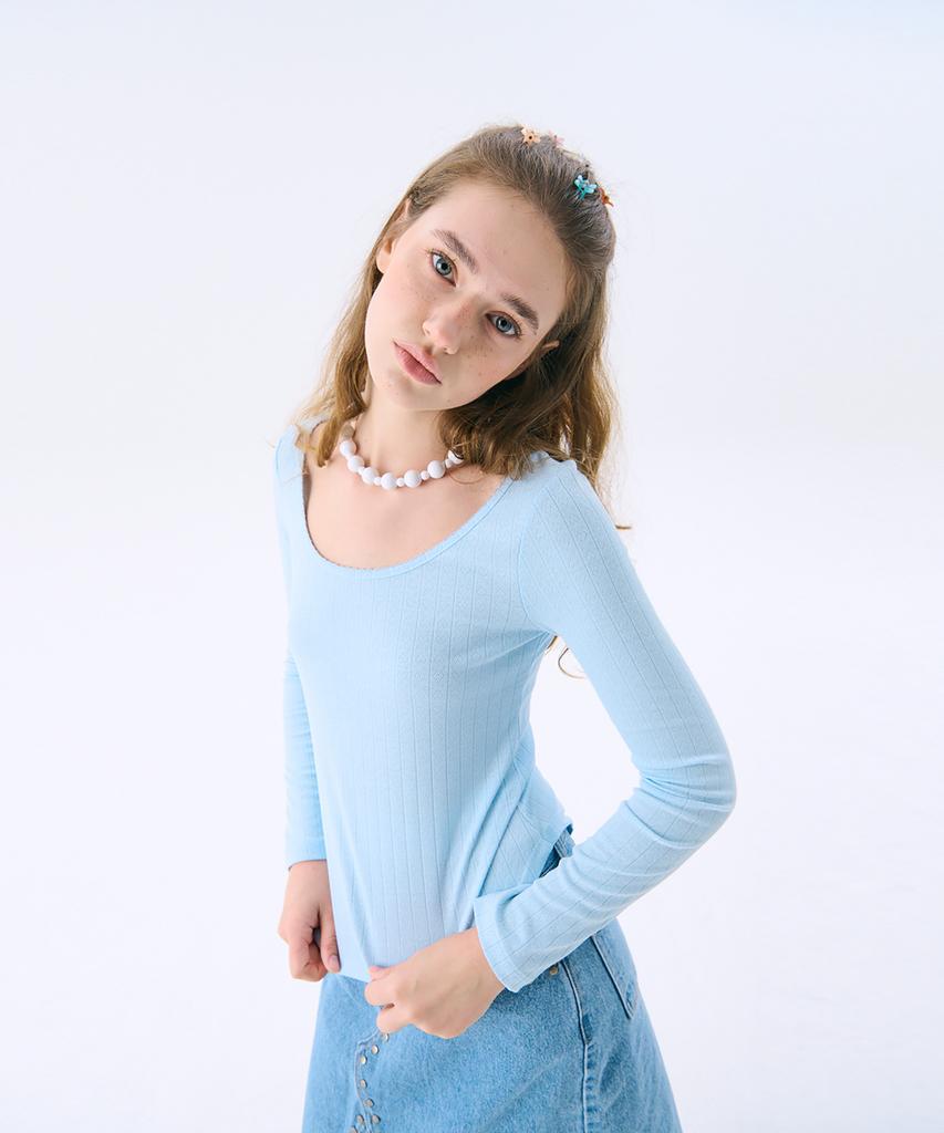 JUNEJUNE SPACE Scoop-Neck Eyelet T_Light Blue