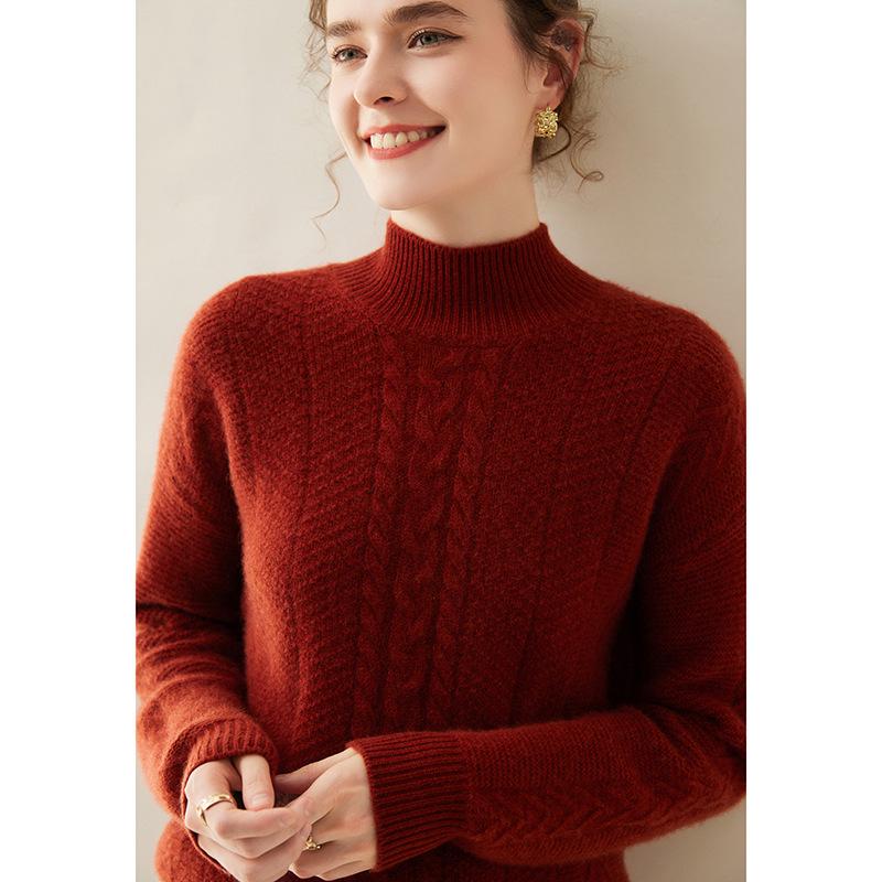 Женский кашемировый пуловер с полувысоким воротом и длинными рукавами - Однотонный, Повседневный, Свободный, Утепленный для осени/зимы.