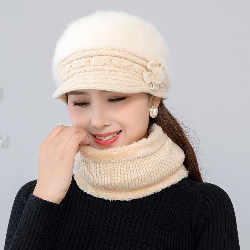 Women Winter Hat Keep Warm Cap Add Fur Lined Hat Scarf Gloves Set Warm Hats Casual Rabbit Winter Knitted Hat