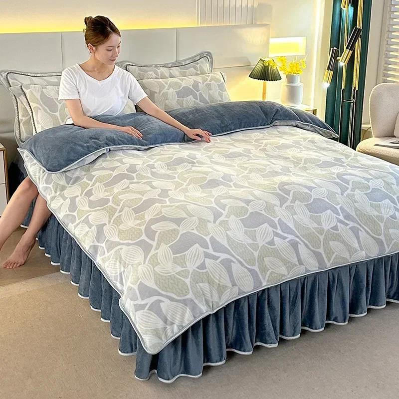 4 шт. Двусторонние фланелевые пододеяльники Молочный плюш Юбка для кровати Наволочка Утолщенный комплект из четырех предметов Постельная принадлежность Комплект из трех предметов Зима