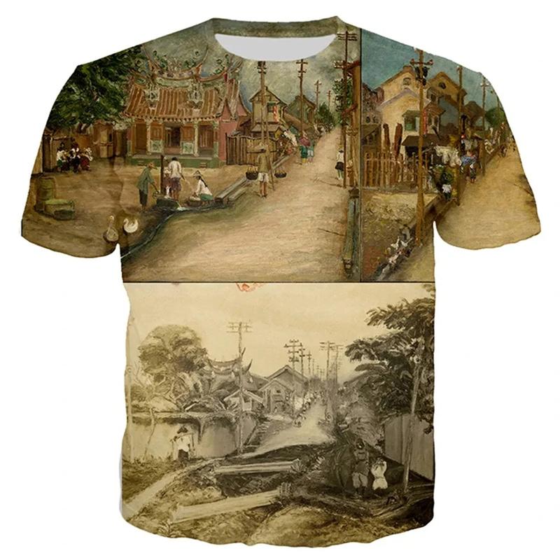 3D Printed New World Happy Garden T Shirt Men Oil Painting Graphic T-Shirts Fashion Short Sleeve Tops Oversized Round Neck Tees