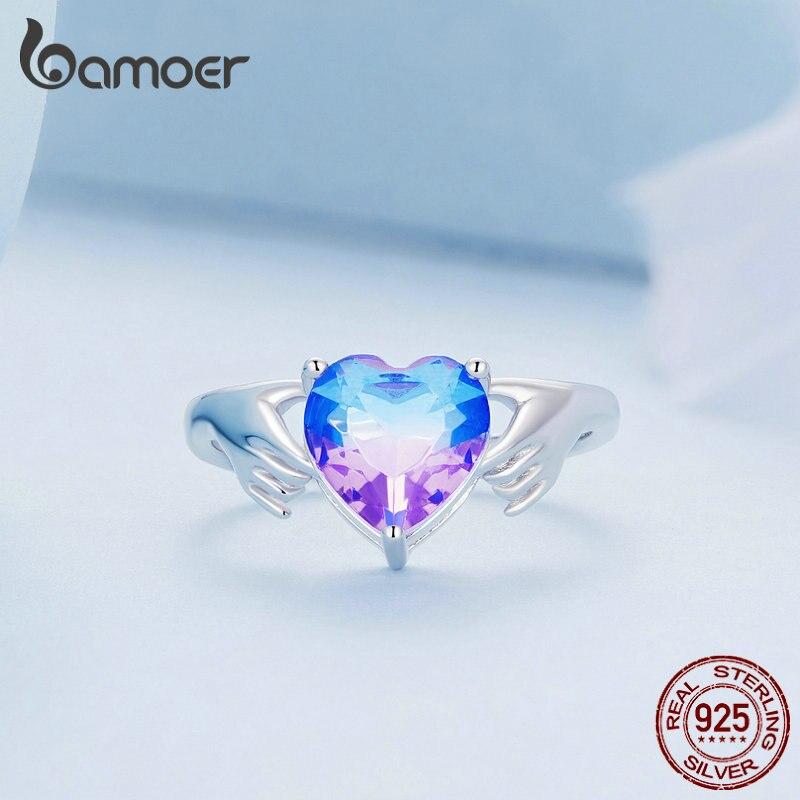 BAMOER стерлингового серебра 925 пробы фиолетовое сердце Guardian руки палец кольцо для женщин подарок на день Святого Валентина романтические изящные ювелирные изделия