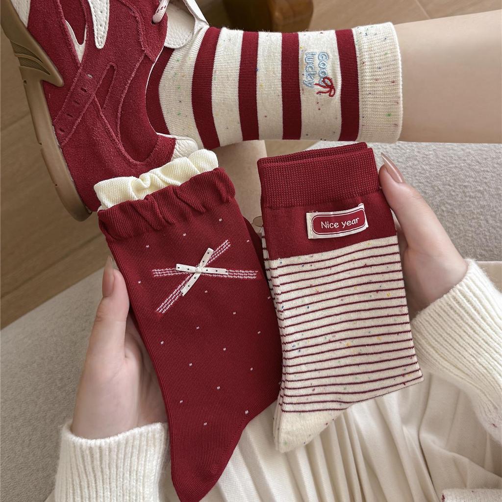 Женские большие красные рождественские носки: Год Лошади, Милый бант в горошек, Кружевная ткань, Полосатый дизайн до середины икры