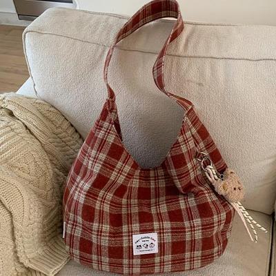 Японская ретро клетчатая литературная сумка-тоут: Универсальная, простая, вместительная наплечная сумка для женщин